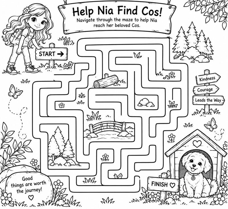 Preview of the Help Nia Find Cos maze, showing Nia at a maze START sign, with her puppy Cos waiting at the FINISH by his doghouse.