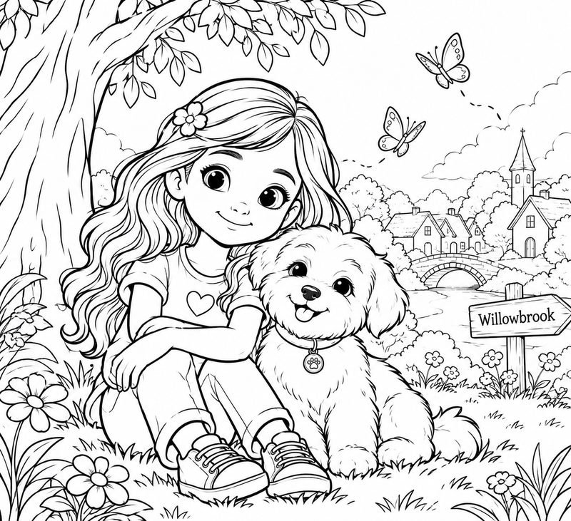 Preview of the Nia and Cos coloring page, showing Nia sitting under a willow tree with her puppy Cos, Willowbrook Village in the background.