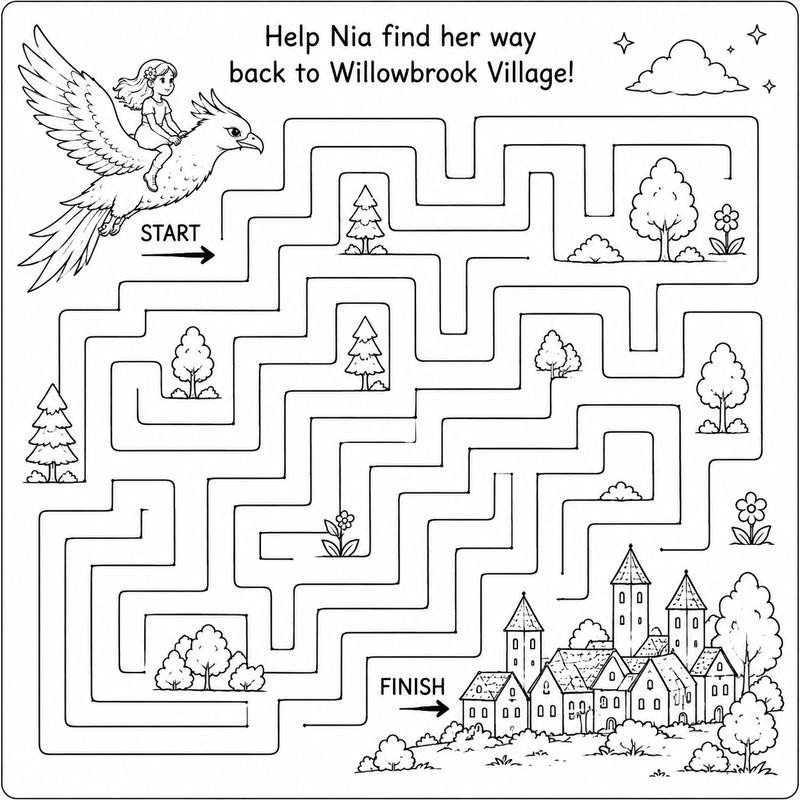 Maze activity page: help Nia, riding on Aelira's back, find her way through a forest maze back to Willowbrook Village.
