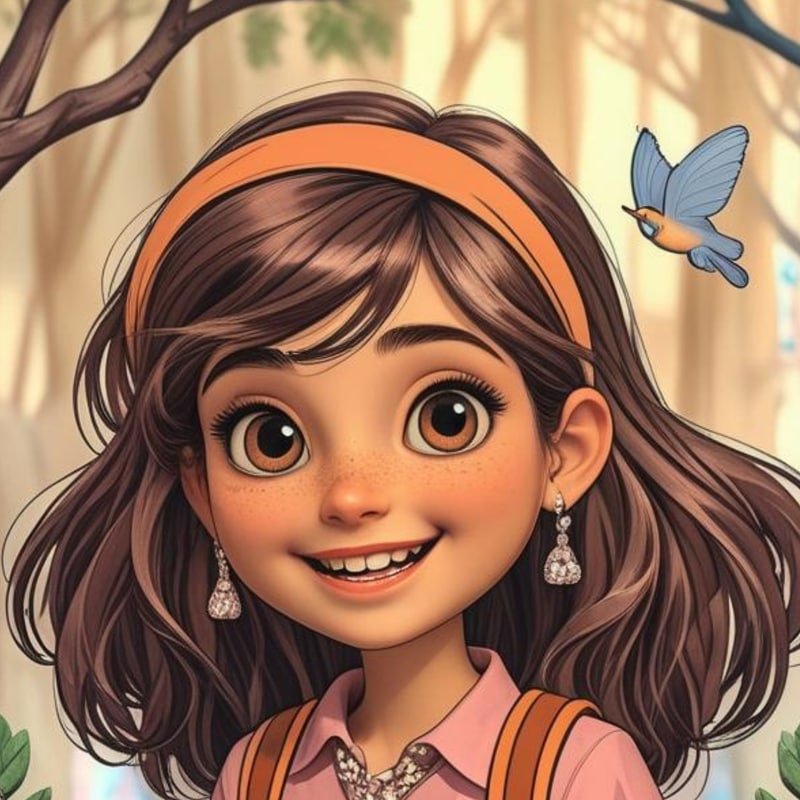 Nia, a smiling young girl with wavy brown hair and an orange headband, illustrated in an enchanted forest.