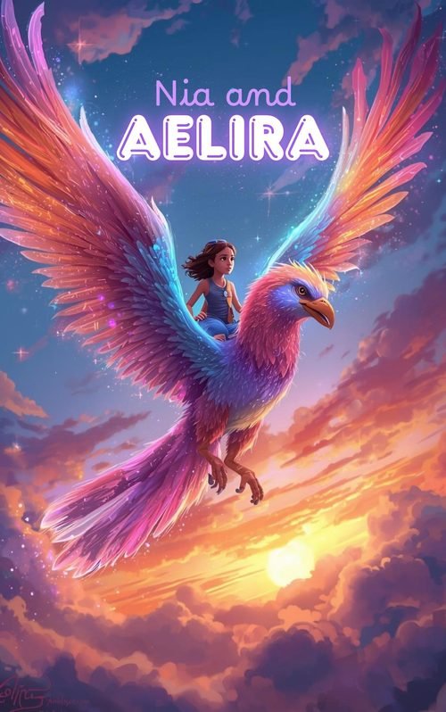 Book cover for Nia and Aelira, showing Nia riding Aelira, a rainbow-feathered guardian, flying through a sunset sky.