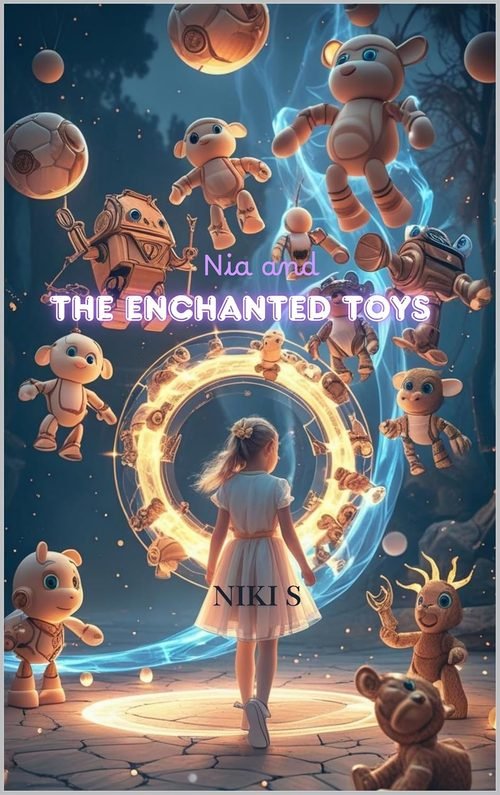 Book cover for Nia and The Enchanted Toys, showing Nia standing before a glowing magic circle surrounded by floating enchanted toys in a moonlit forest.