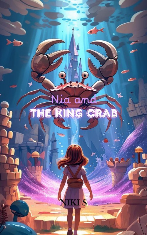 Book cover for Nia and the King Crab, showing Nia standing before a towering, jagged-crowned King Crab guarding a glowing underwater castle.