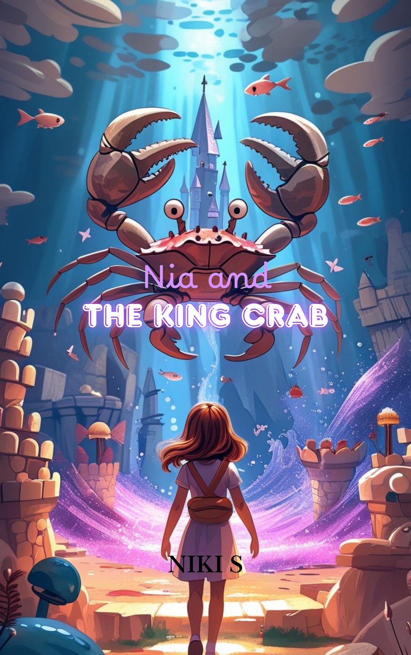 Book cover for Nia and the King Crab, showing Nia standing before a towering, jagged-crowned King Crab guarding a glowing underwater castle.