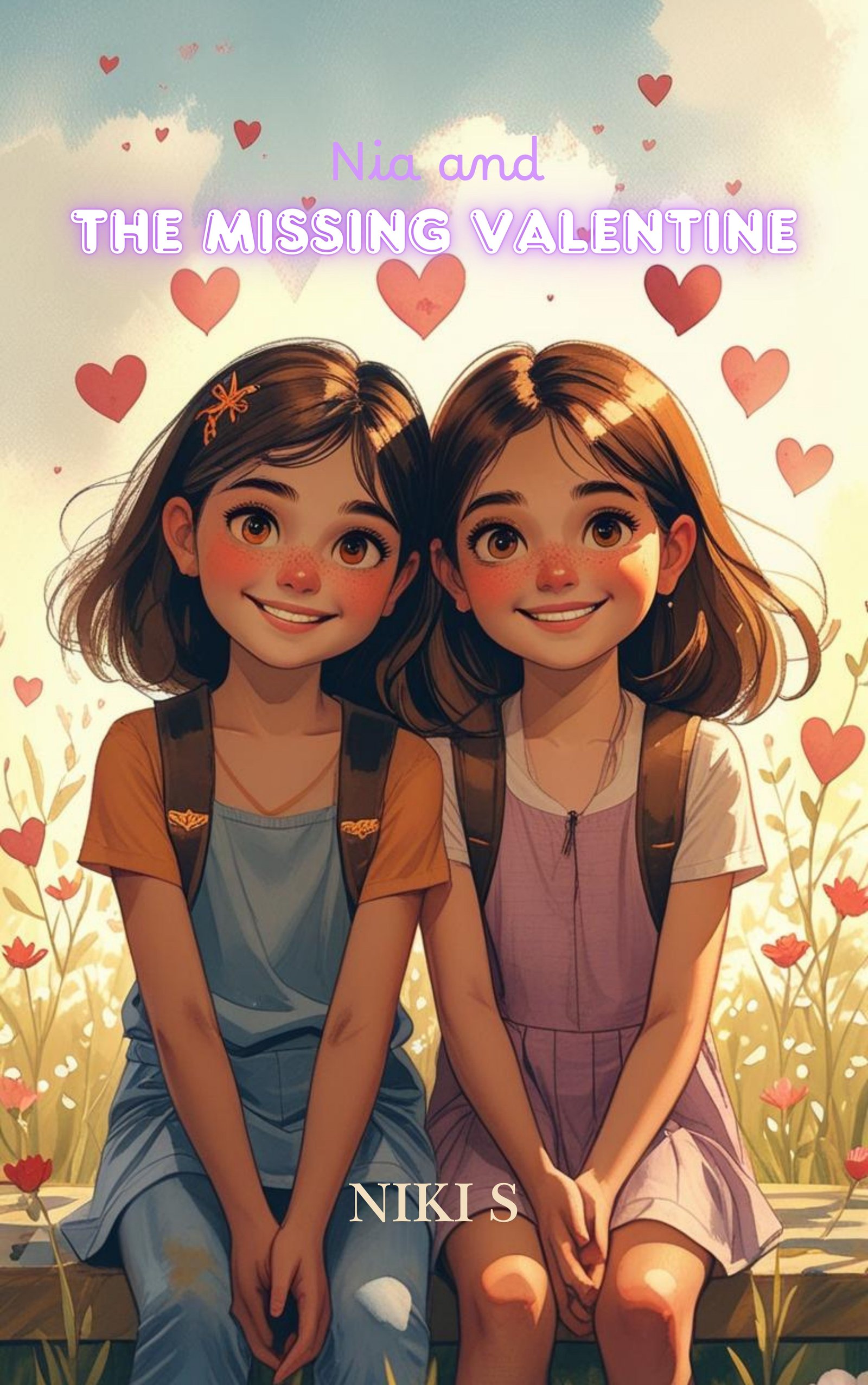 Book cover for Nia and The Missing Valentine, showing Nia and her best friend Rina sitting together surrounded by hearts and flowers.