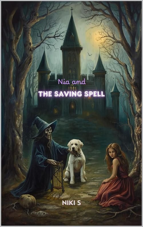 Book cover for Nia and The Saving Spell, showing Nia and her puppy Cos meeting a mysterious cloaked figure on a moonlit path before a dark castle.